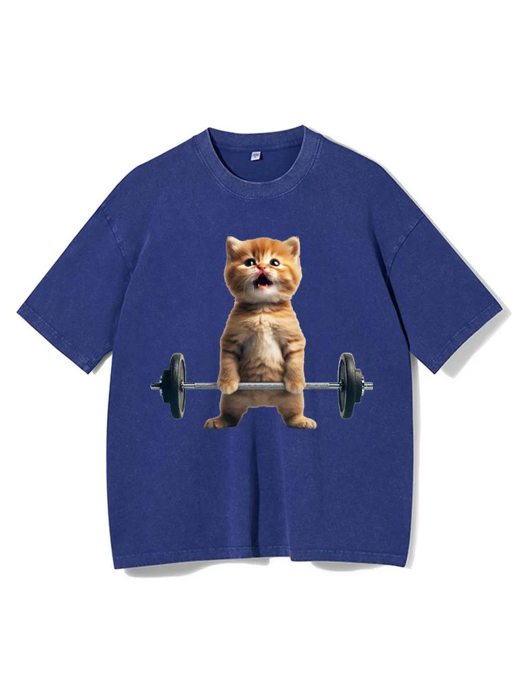 Cat Weightlifting Washed Gym Shirt